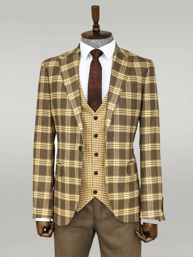 Slim Fit Patterned Checked Light Brown Men Suit - Wessi