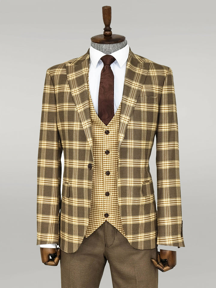 Slim Fit Patterned Checked Light Brown Men Suit - Wessi