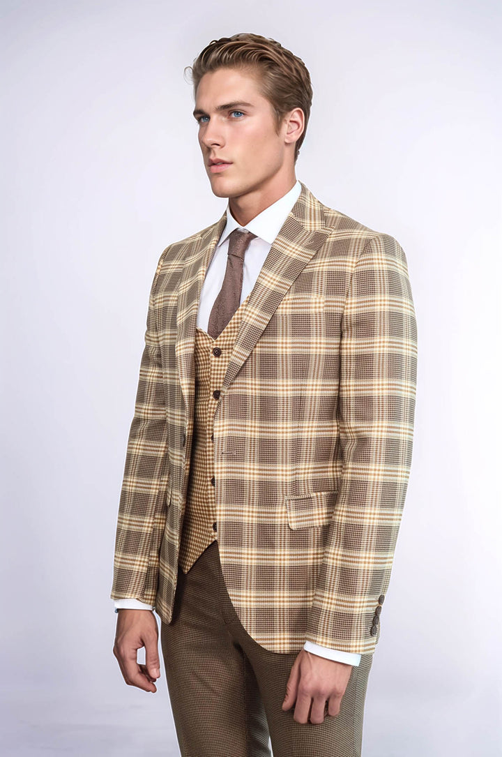 Costume Homme Marron Clair Coupe Slim à Carreaux - Wessi