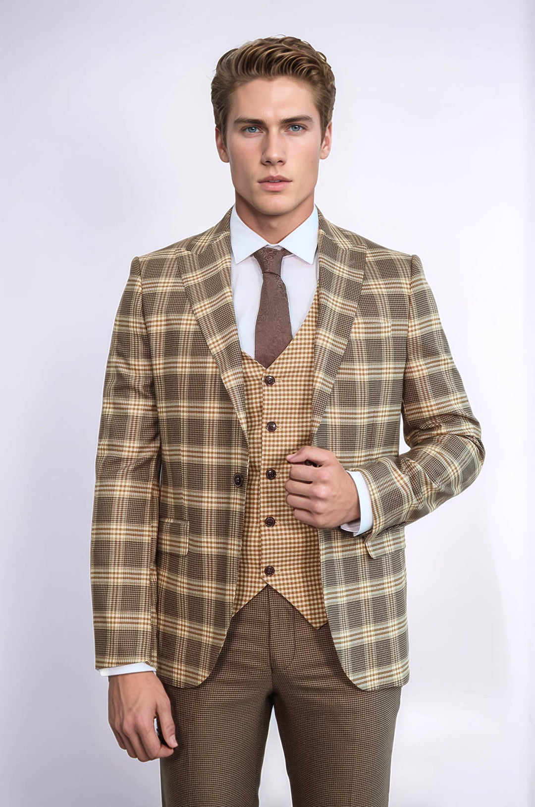 Costume Homme Marron Clair Coupe Slim à Carreaux - Wessi