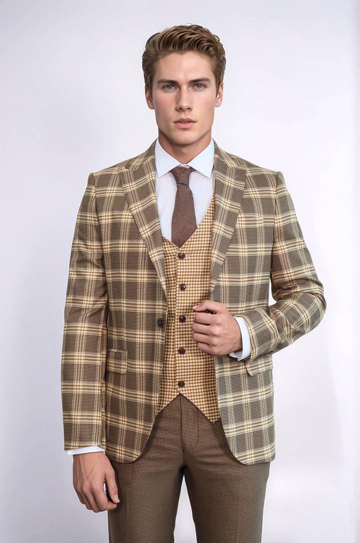 Costume Homme Marron Clair Coupe Slim à Carreaux - Wessi