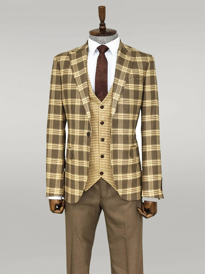 Slim Fit Patterned Checked Light Brown Men Suit - Wessi