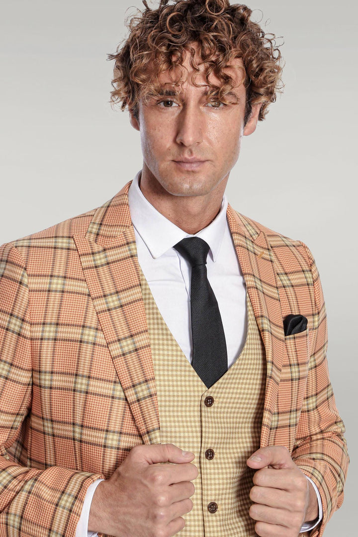 Slim Fit Patterned Checked Orange Men Suit - Wessi