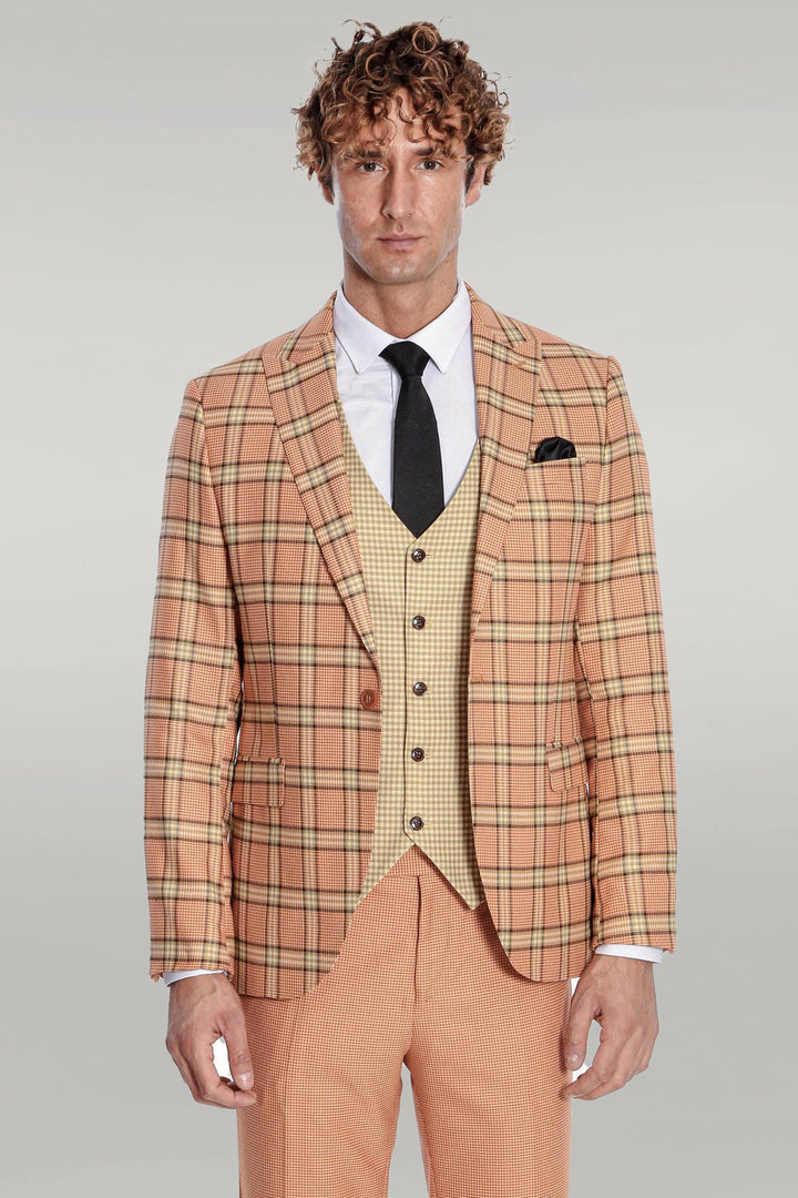 Slim Fit Patterned Checked Orange Men Suit - Wessi