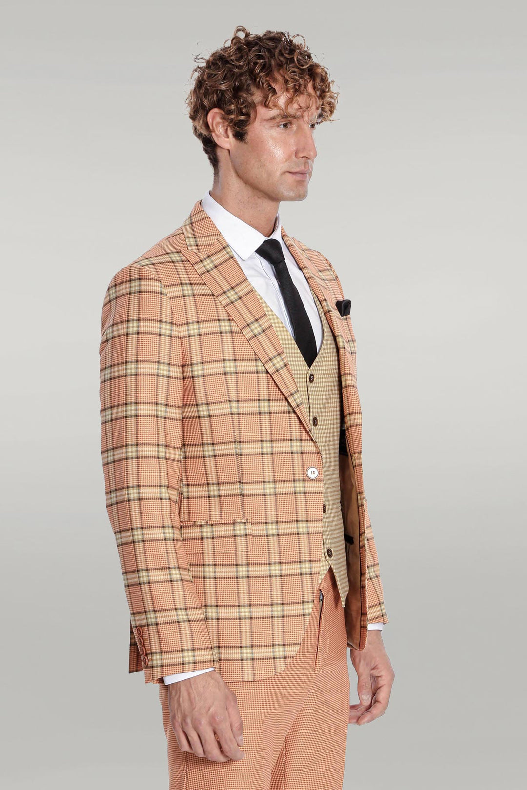 Slim Fit Patterned Checked Orange Men Suit - Wessi