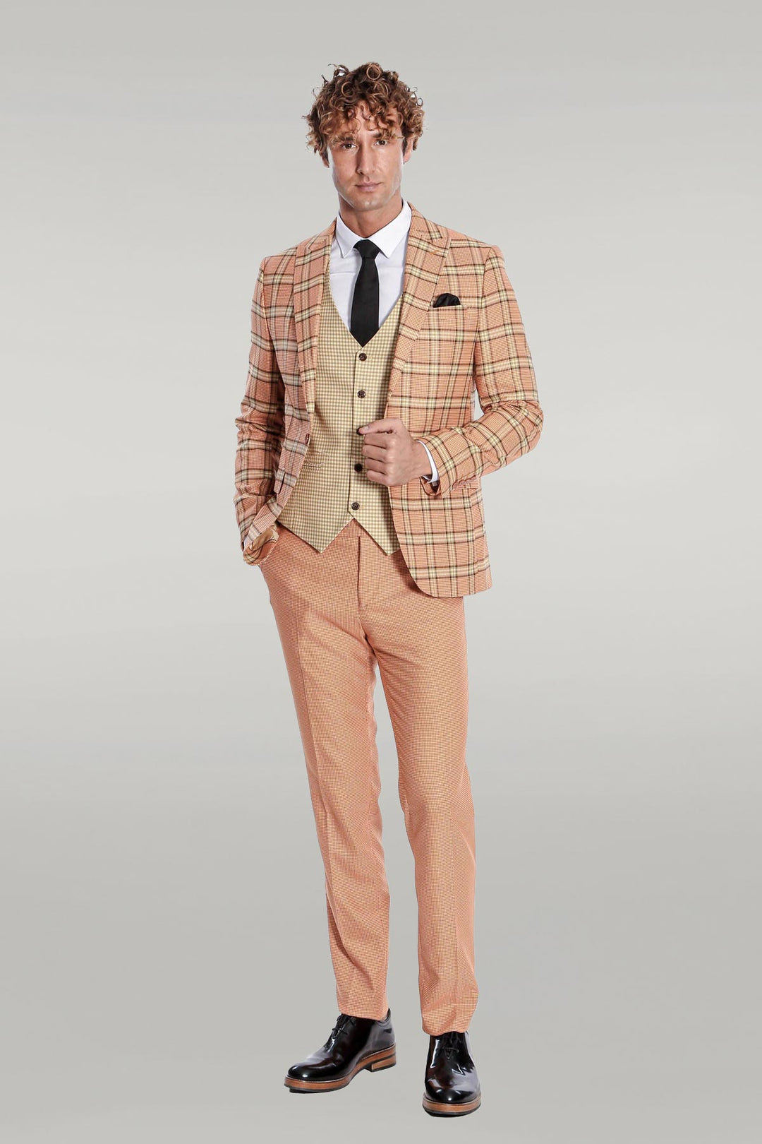 Slim Fit Patterned Checked Orange Men Suit - Wessi