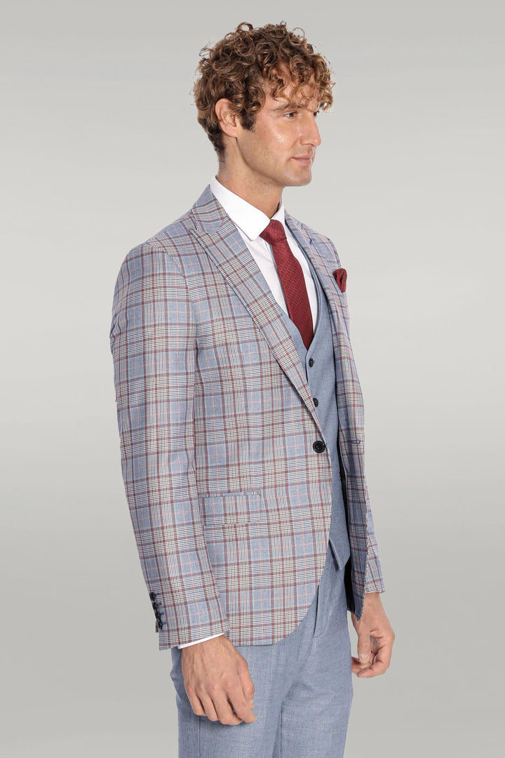 Checked Slim Fit Blue Men Suit - Wessi