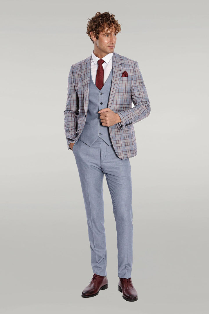 Checked Slim Fit Blue Men Suit - Wessi