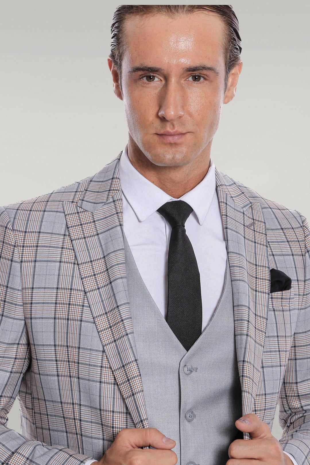 Checked Slim Fit Light Grey Men Suit - Wessi