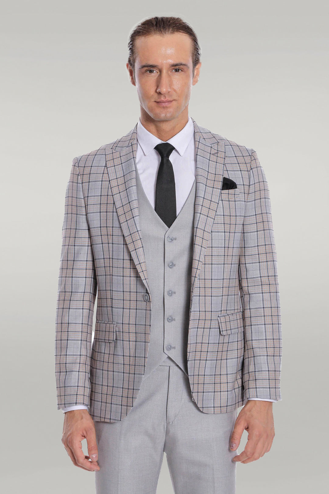 Checked Slim Fit Light Grey Men Suit - Wessi