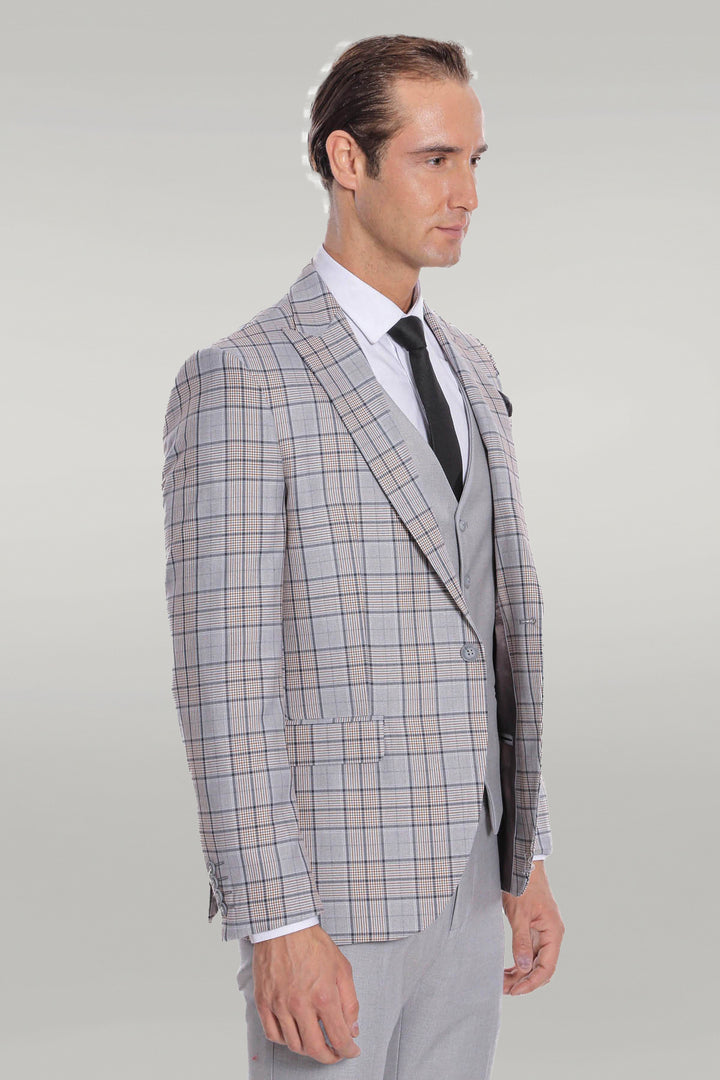 Checked Slim Fit Light Grey Men Suit - Wessi