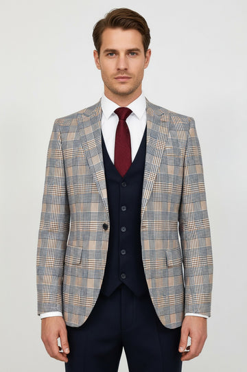 Checked Slim Fit Brown Men Suit - Wessi