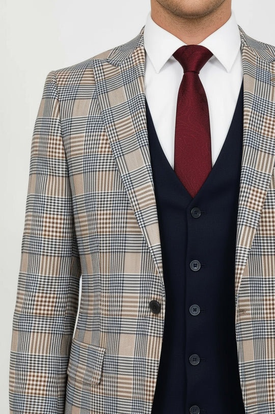 Checked Slim Fit Brown Men Suit - Wessi