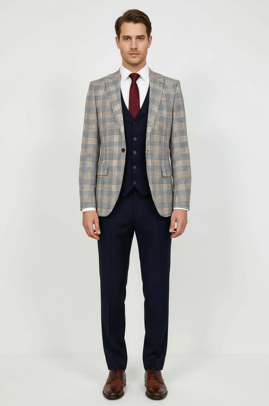 Checked Slim Fit Brown Men Suit - Wessi