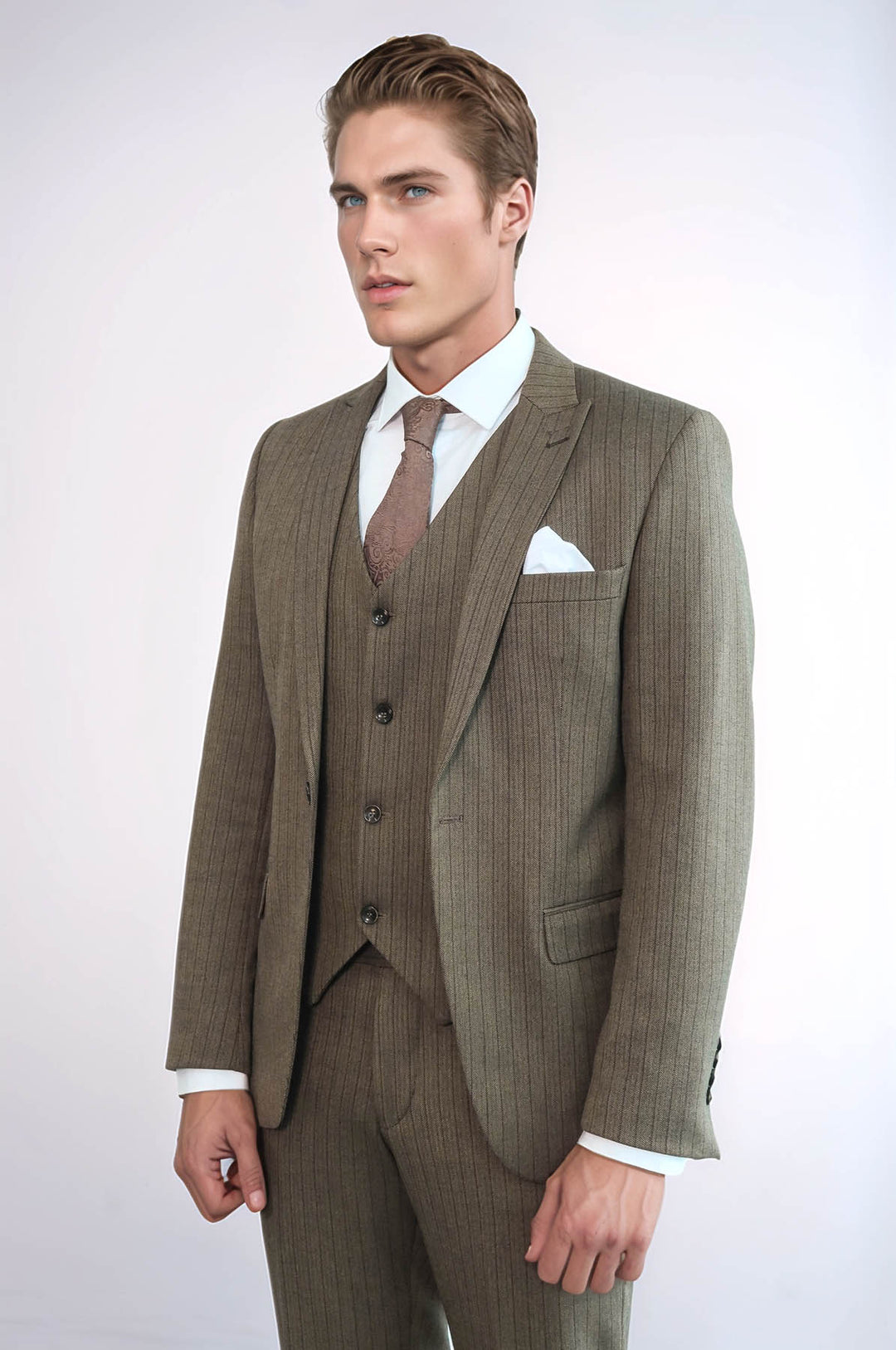 Striped Slim Fit Brown Men Suit - Wessi