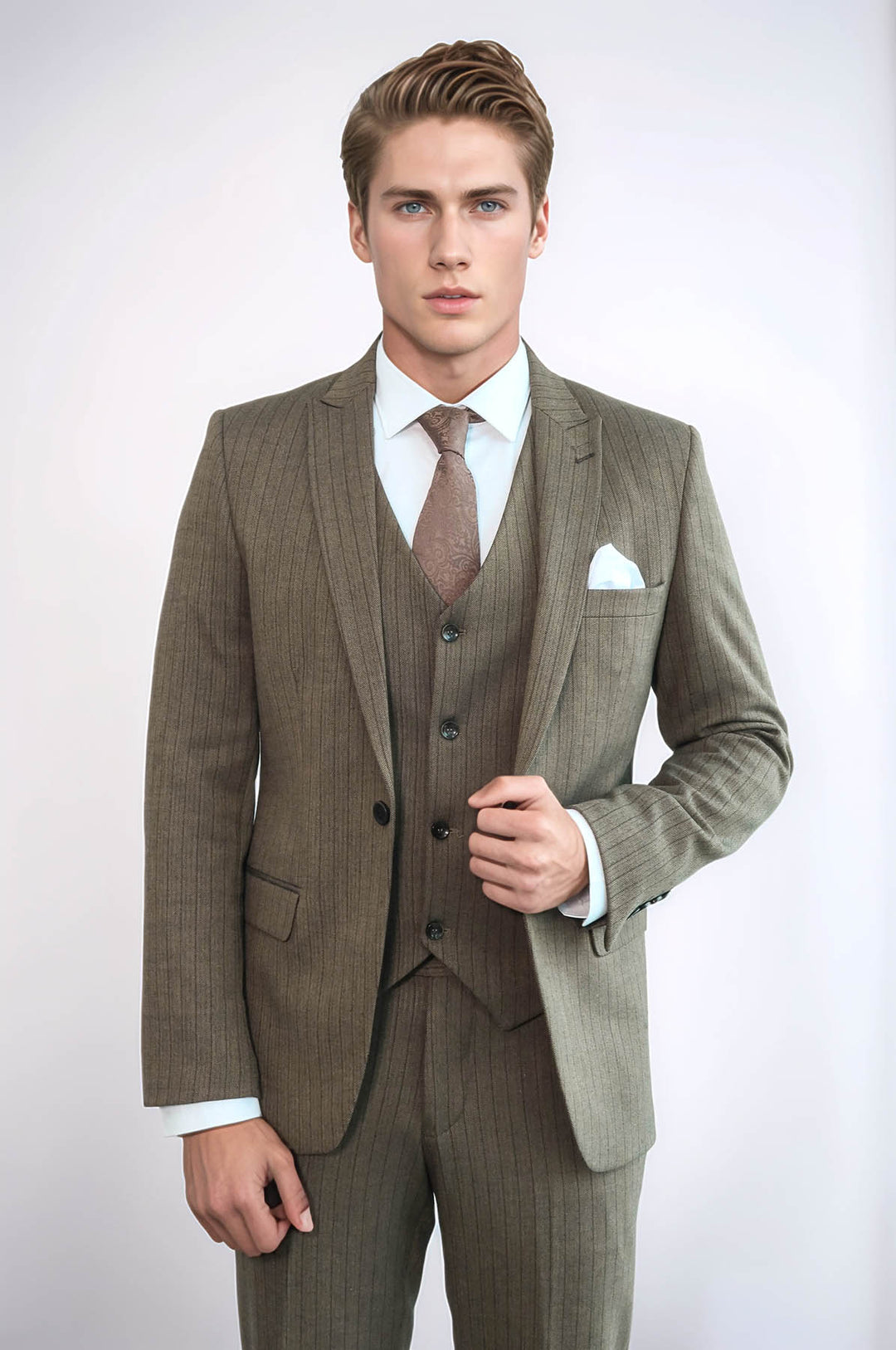 Striped Slim Fit Brown Men Suit - Wessi