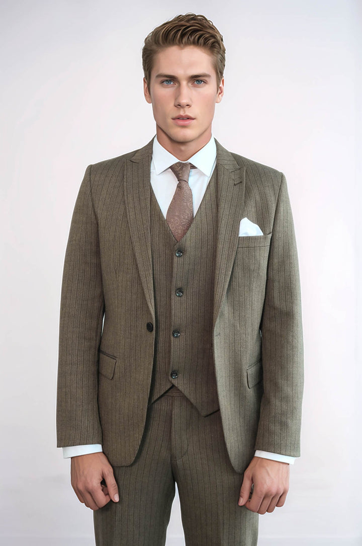 Striped Slim Fit Brown Men Suit - Wessi