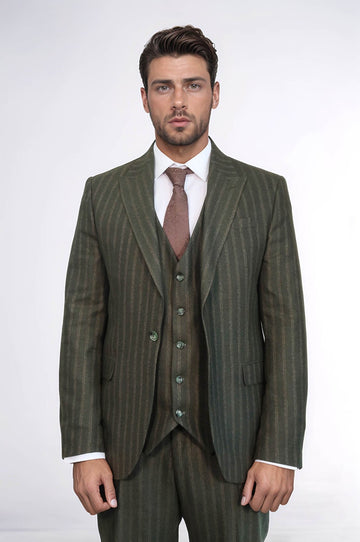 Green Striped Slim-Fit Vested Suit - Wessi
