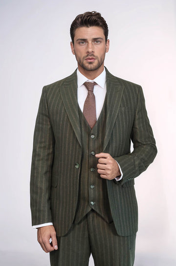 Green Striped Slim-Fit Vested Suit - Wessi
