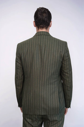 Green Striped Slim-Fit Vested Suit - Wessi