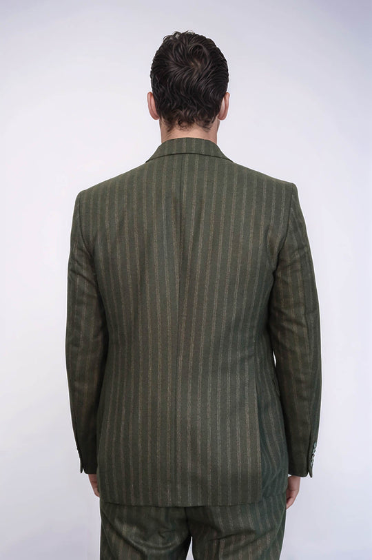 Green Striped Slim-Fit Vested Suit - Wessi