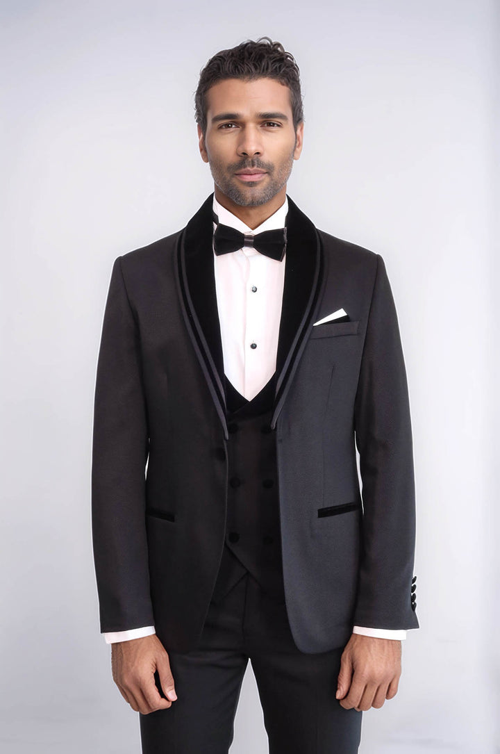 3 Piece Trim Detailed Self-Patterned Velvet Shawl Collar Black Men's Tuxedo - Wessi