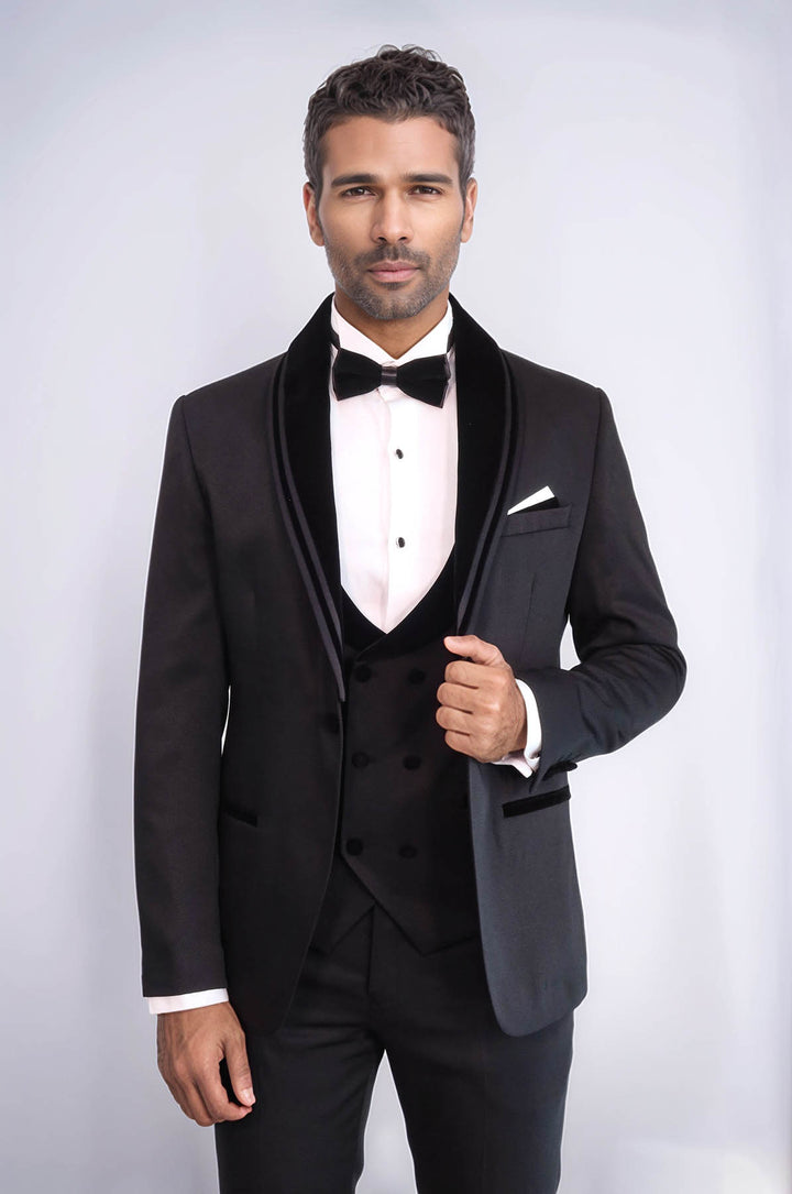 3 Piece Trim Detailed Self-Patterned Velvet Shawl Collar Black Men's Tuxedo - Wessi