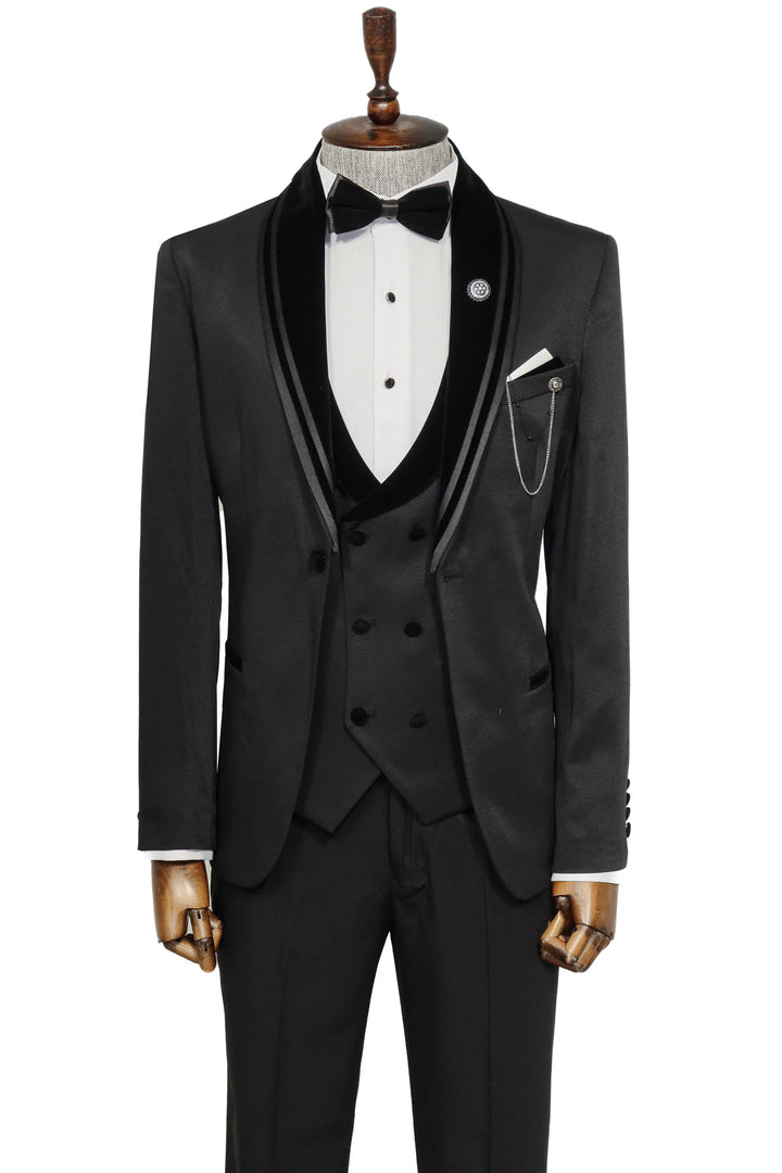 3 Piece Trim Detailed Self-Patterned Velvet Shawl Collar Black Men's Tuxedo - Wessi