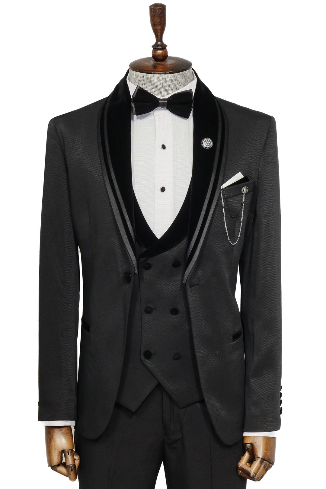 3 Piece Trim Detailed Self-Patterned Velvet Shawl Collar Black Men's Tuxedo - Wessi