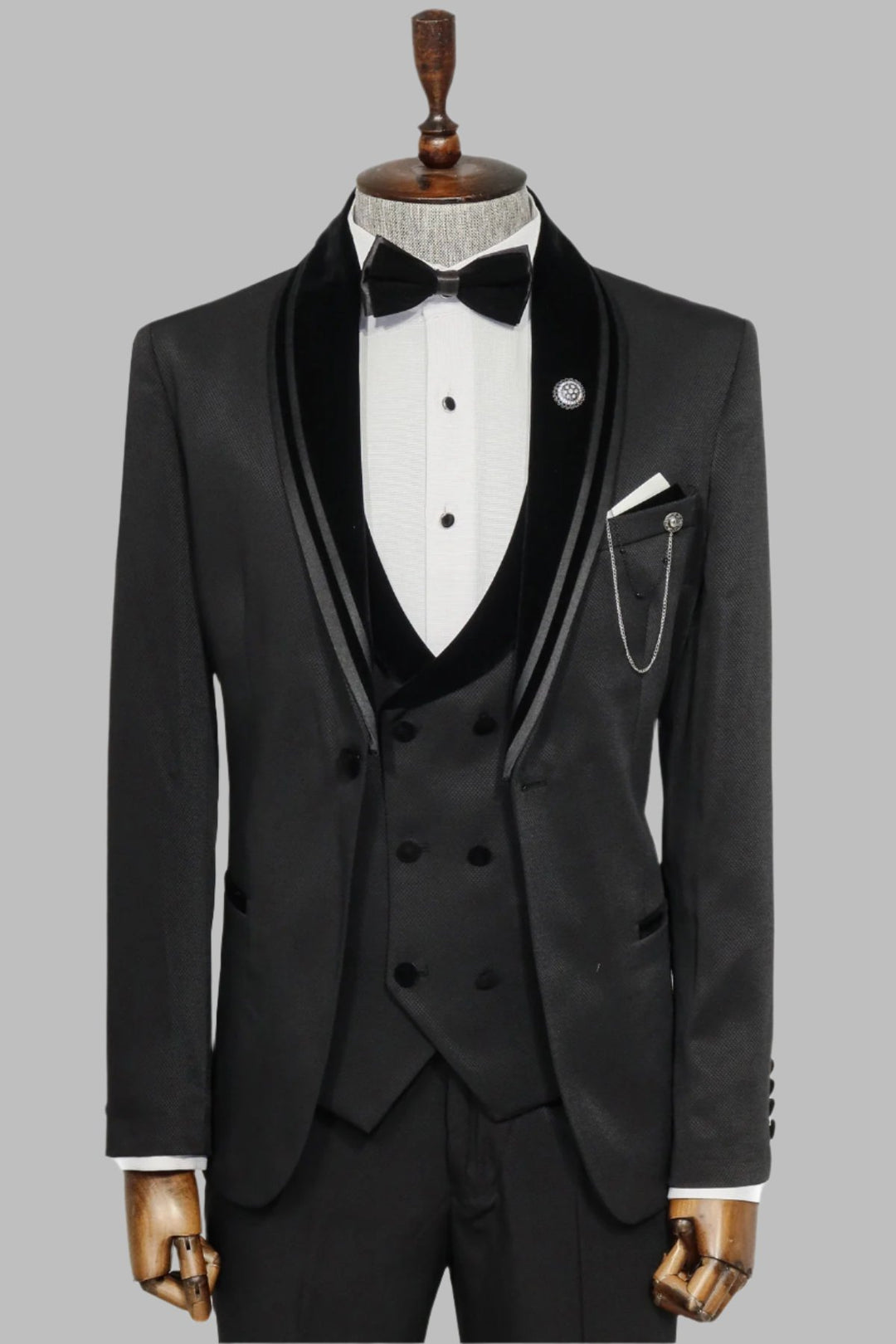 Black Velvet and Trim-Detail Waistcoat Tuxedo with White Shirt Look - Wessi Evening Event Style