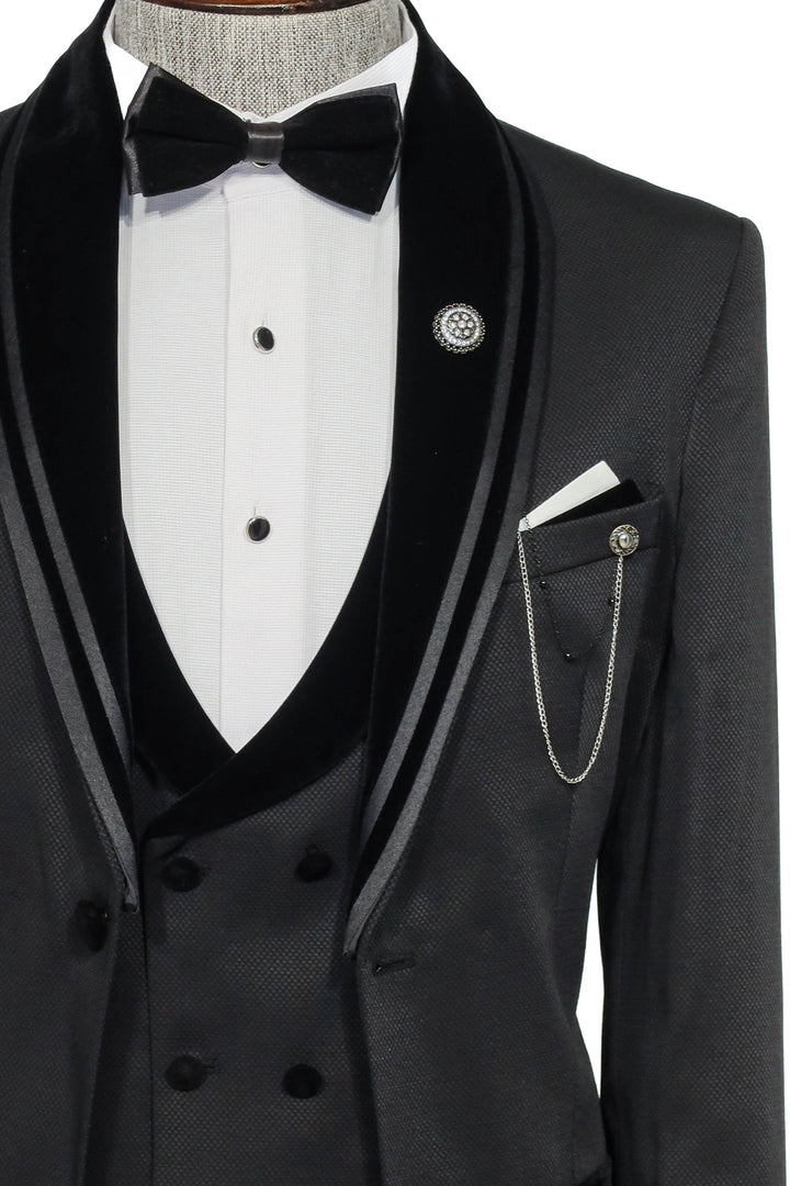 3 Piece Trim Detailed Self-Patterned Velvet Shawl Collar Black Men's Tuxedo - Wessi