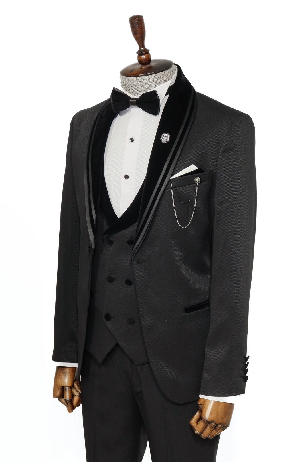 3 Piece Trim Detailed Self-Patterned Velvet Shawl Collar Black Men's Tuxedo - Wessi