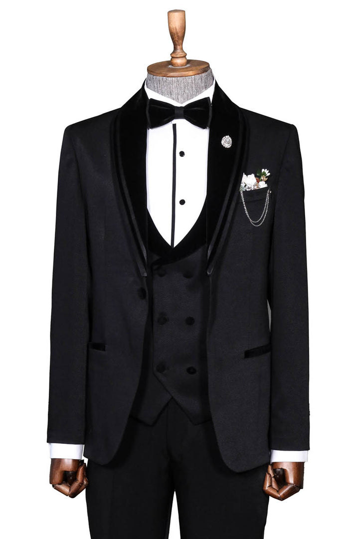 Black Velvet and Trim-Detail Waistcoat Tuxedo with White Shirt Look - Wessi Evening Event Style