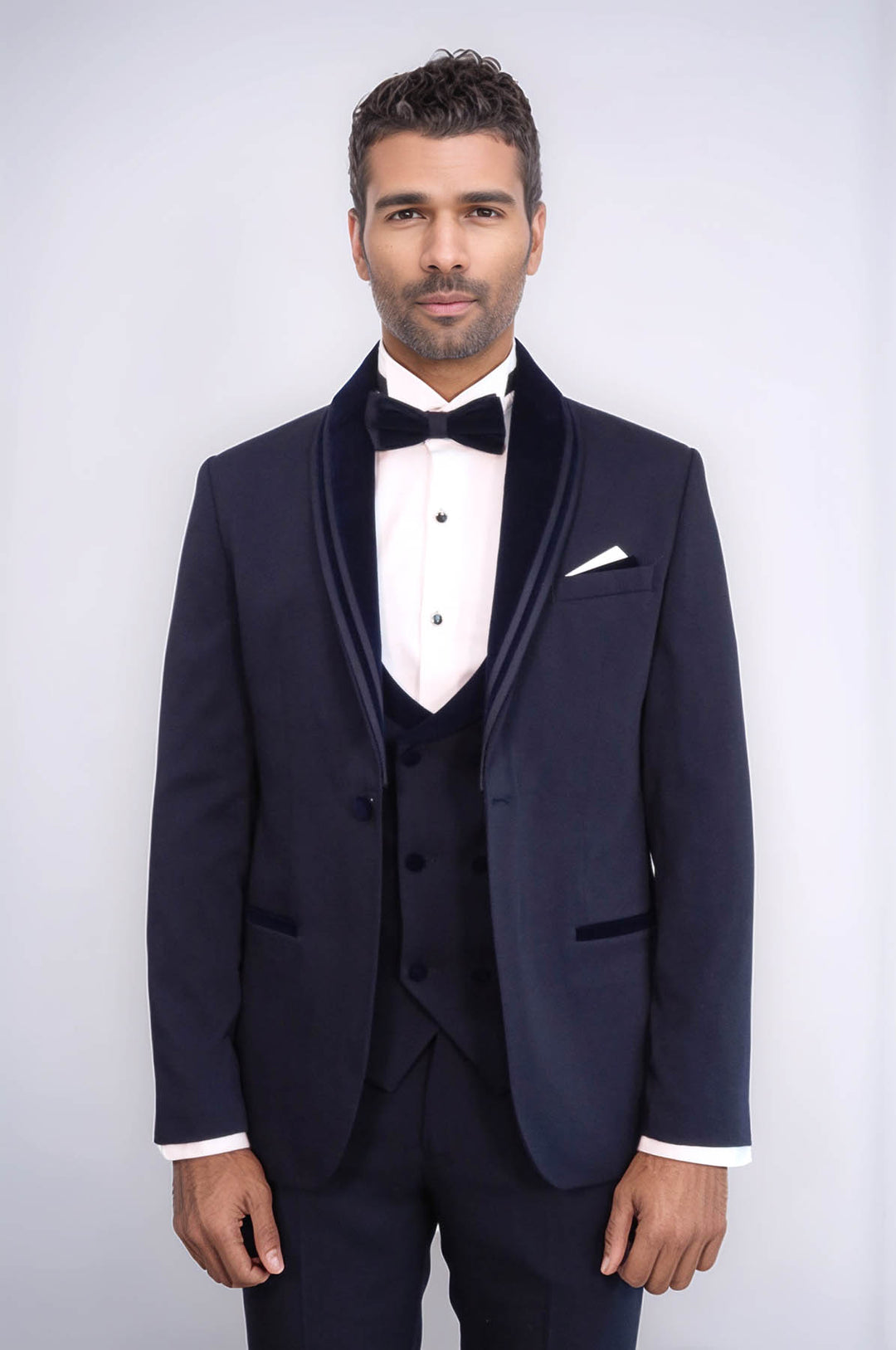 3 Piece Trim Detailed Self-Patterned Velvet Shawl Collar Navy Blue Men's Tuxedo - Wessi