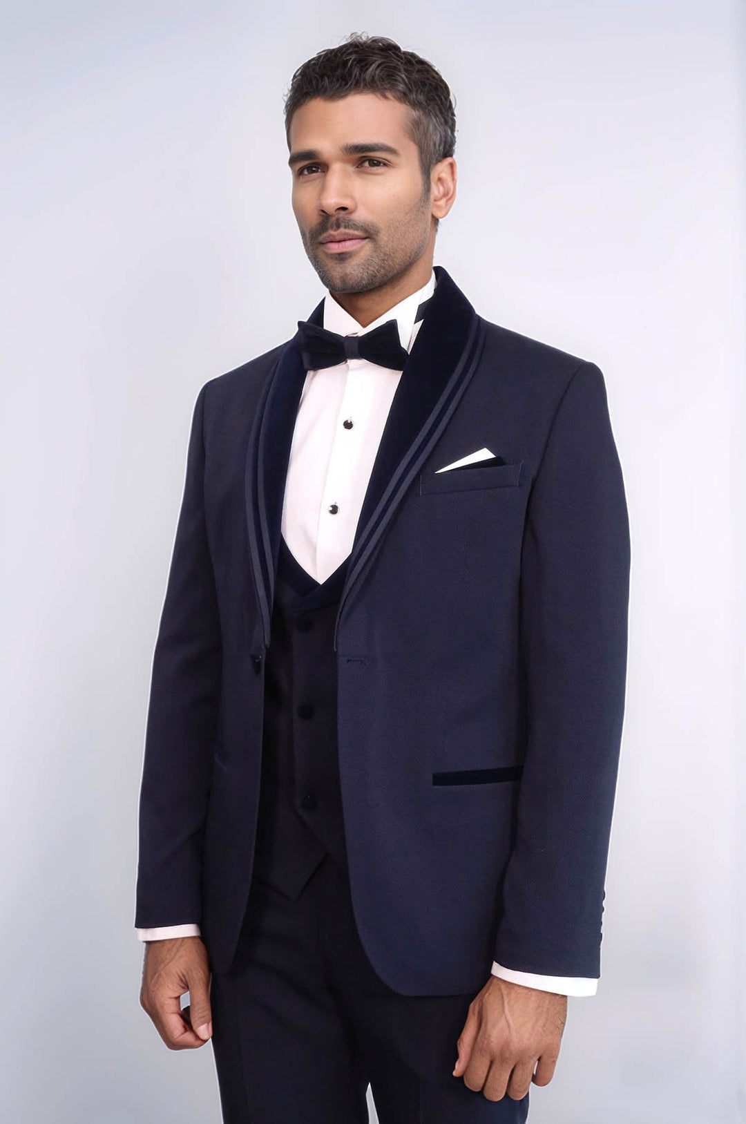 3 Piece Trim Detailed Self-Patterned Velvet Shawl Collar Navy Blue Men's Tuxedo - Wessi