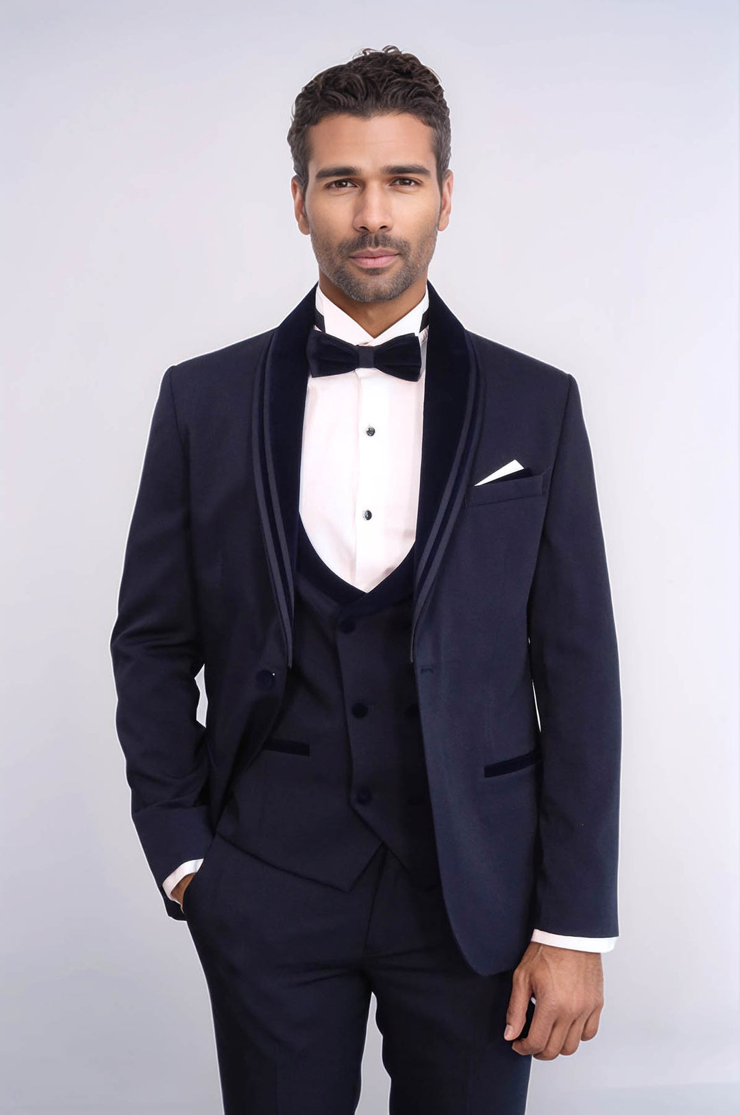 3 Piece Trim Detailed Self-Patterned Velvet Shawl Collar Navy Blue Men's Tuxedo - Wessi