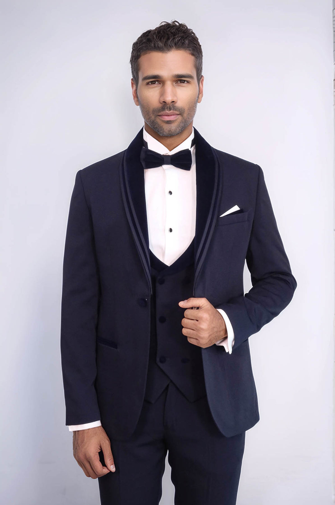 3 Piece Trim Detailed Self-Patterned Velvet Shawl Collar Navy Blue Men's Tuxedo - Wessi