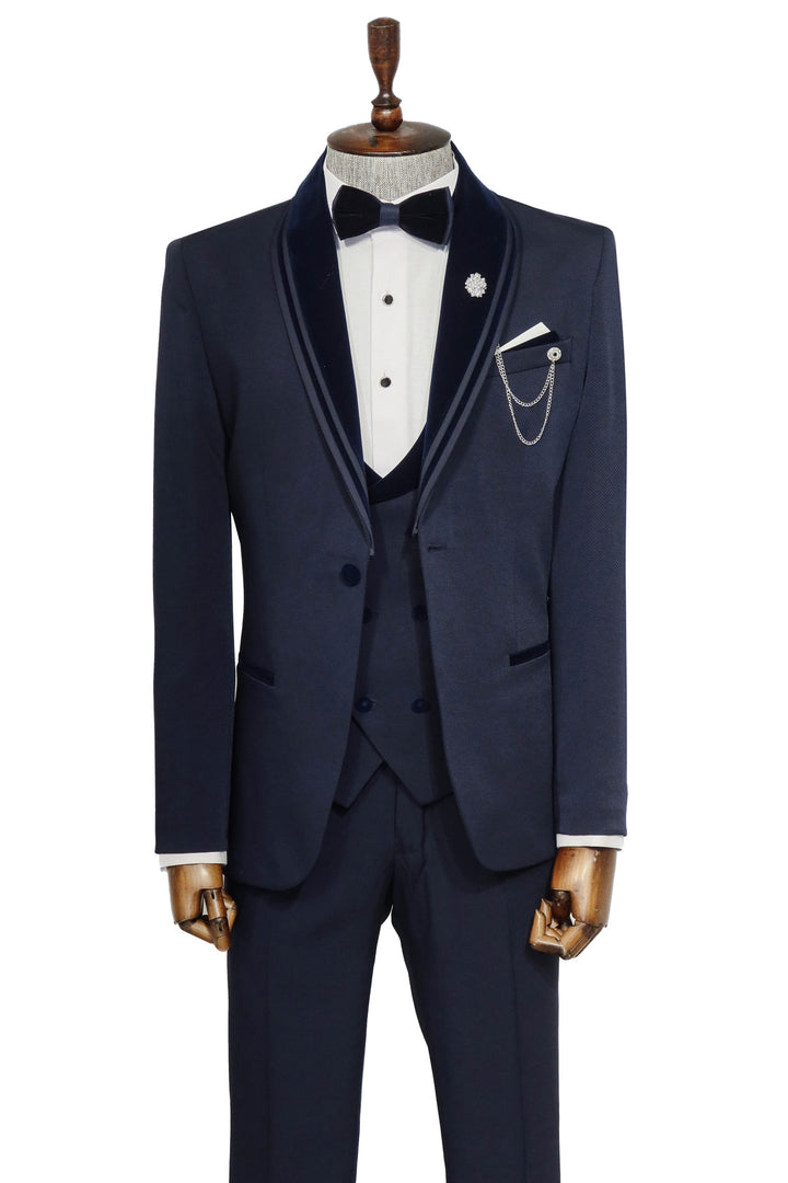 3 Piece Trim Detailed Self-Patterned Velvet Shawl Collar Navy Blue Men's Tuxedo - Wessi