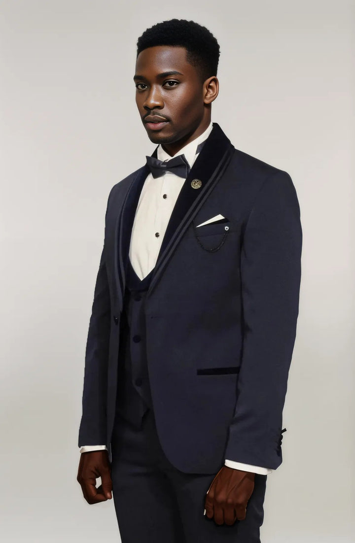 3 Piece Trim Detailed Self-Patterned Velvet Shawl Collar Navy Blue Men's Tuxedo - Wessi