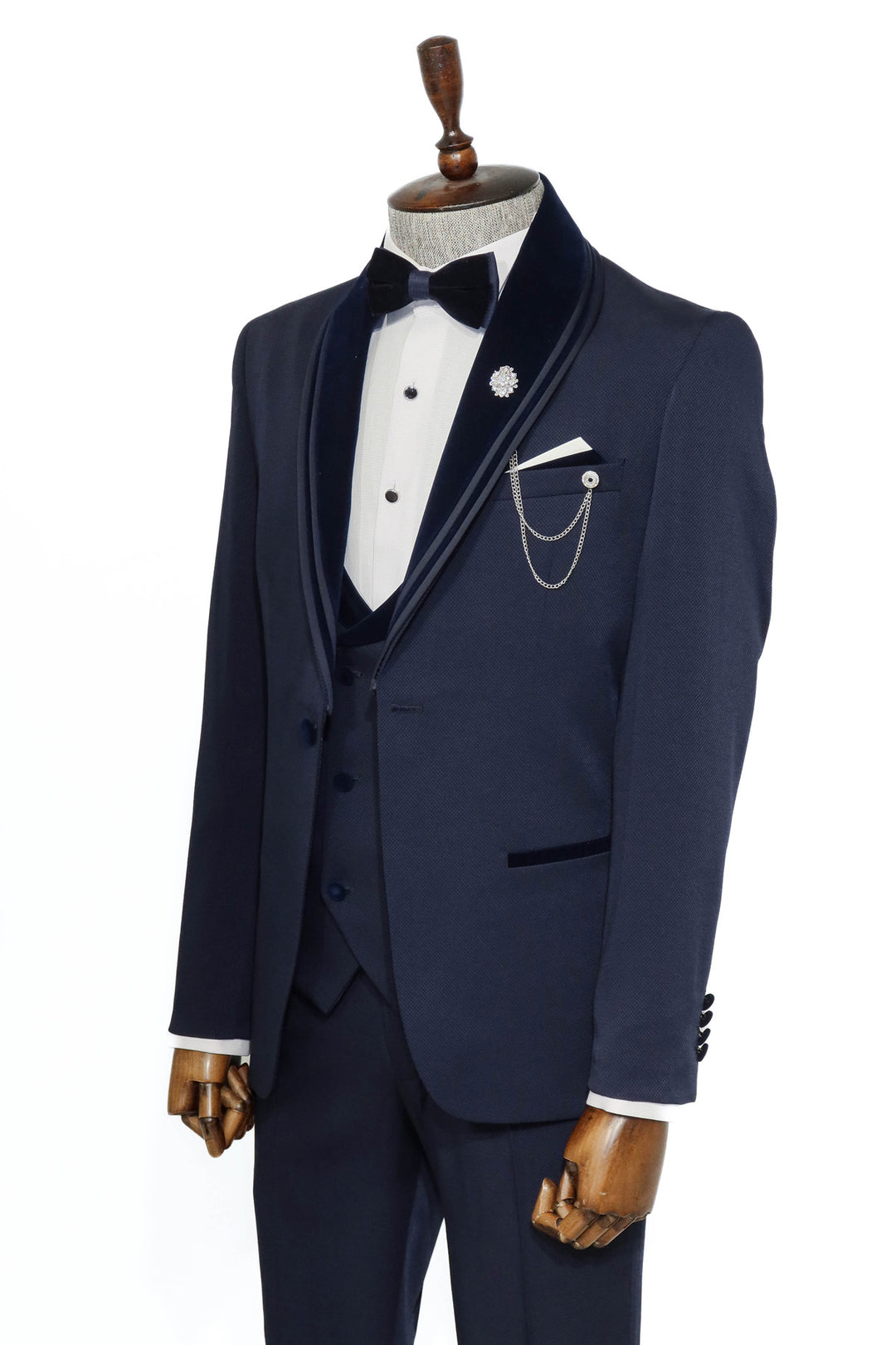 3 Piece Trim Detailed Self-Patterned Velvet Shawl Collar Navy Blue Men's Tuxedo - Wessi