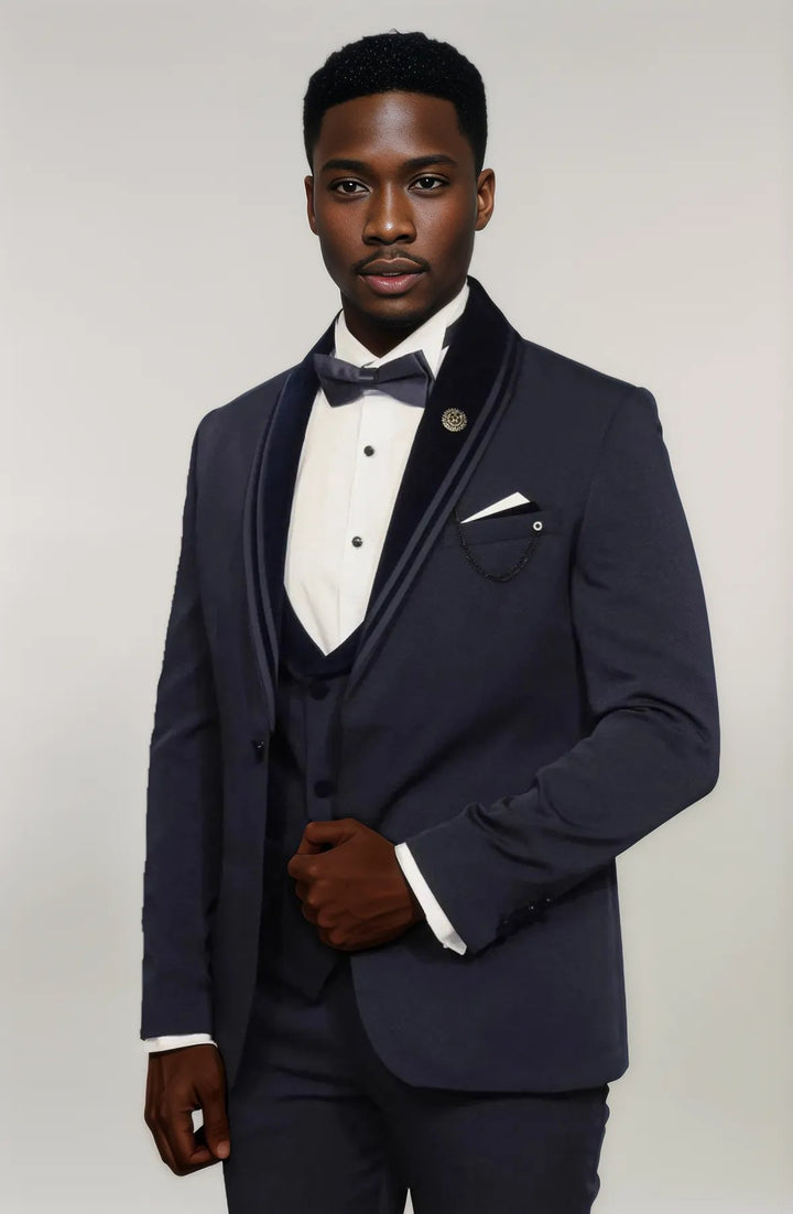 3 Piece Trim Detailed Self-Patterned Velvet Shawl Collar Navy Blue Men's Tuxedo - Wessi