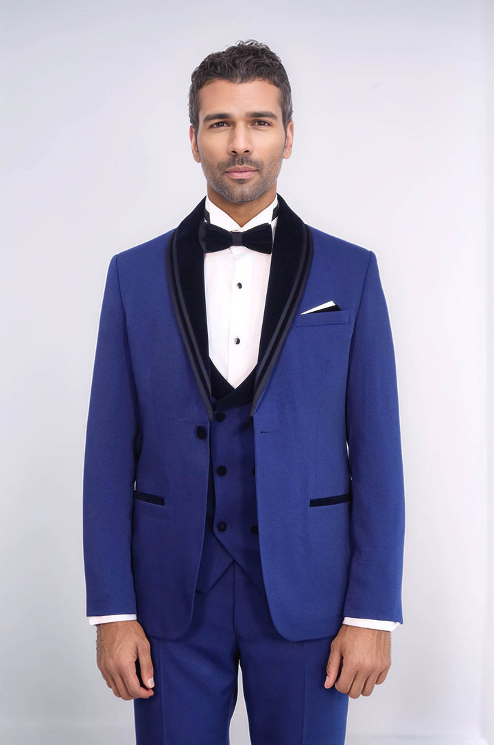 3 Piece Trim Detailed Self-Patterned Velvet Shawl Collar Royal Blue Men's Tuxedo - Wessi