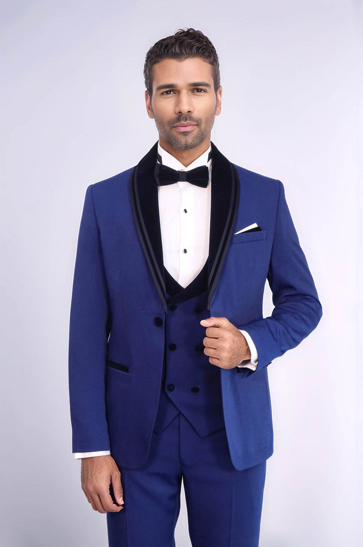 3 Piece Trim Detailed Self-Patterned Velvet Shawl Collar Royal Blue Men's Tuxedo - Wessi