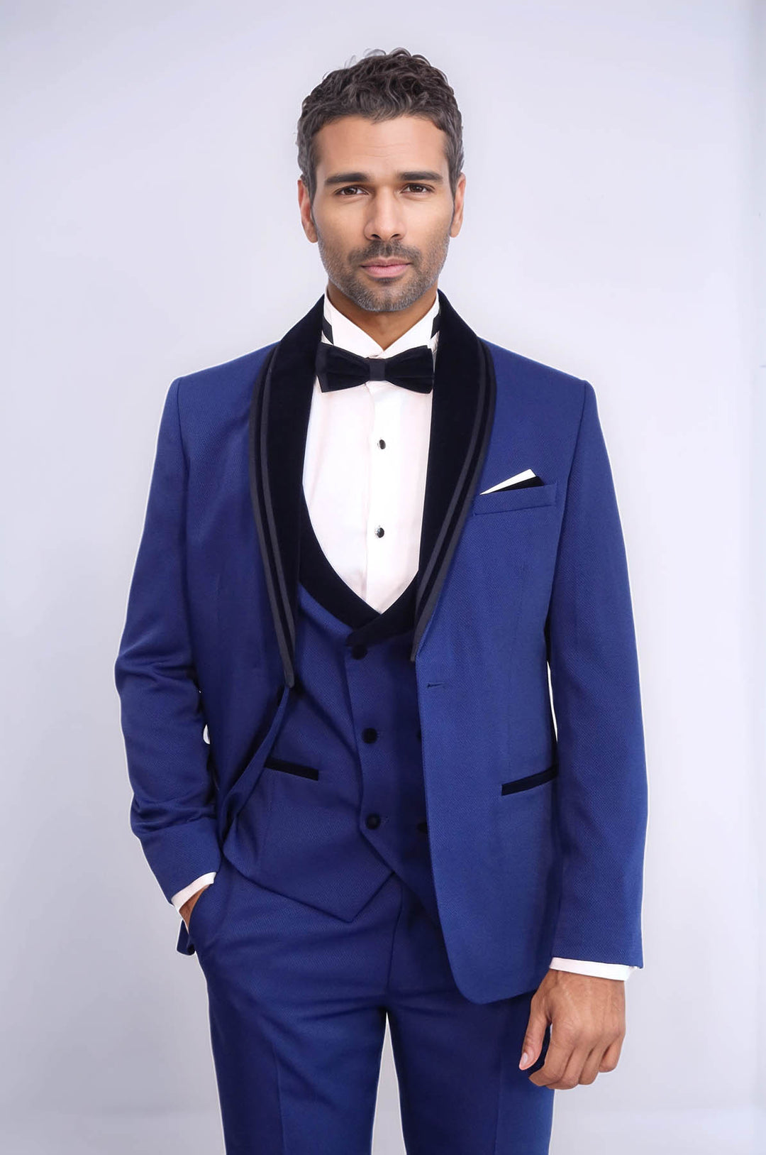 3 Piece Trim Detailed Self-Patterned Velvet Shawl Collar Royal Blue Men's Tuxedo - Wessi