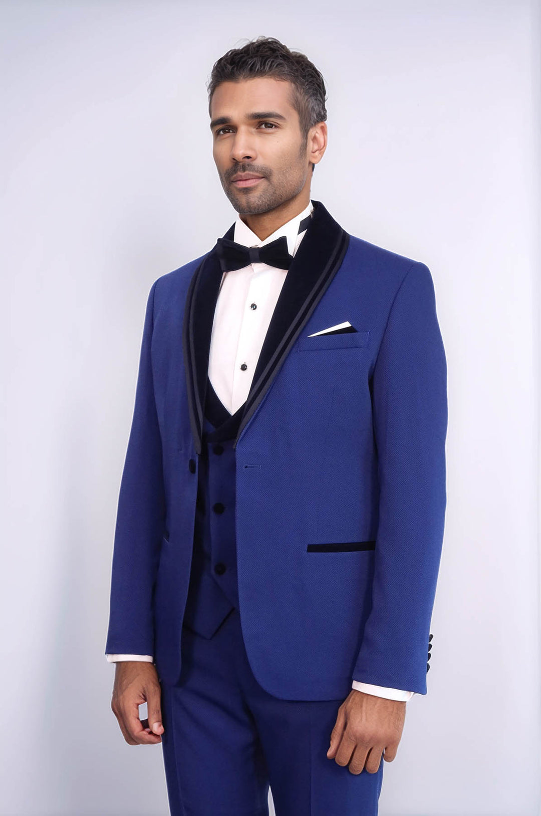 3 Piece Trim Detailed Self-Patterned Velvet Shawl Collar Royal Blue Men's Tuxedo - Wessi