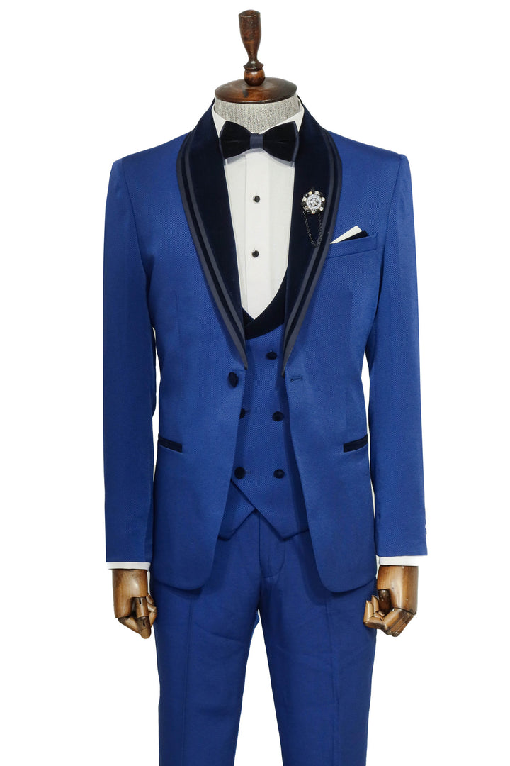 3 Piece Trim Detailed Self-Patterned Velvet Shawl Collar Royal Blue Men's Tuxedo - Wessi