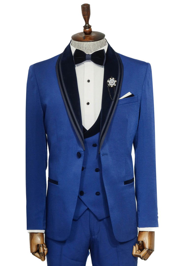 3 Piece Trim Detailed Self-Patterned Velvet Shawl Collar Royal Blue Men's Tuxedo - Wessi