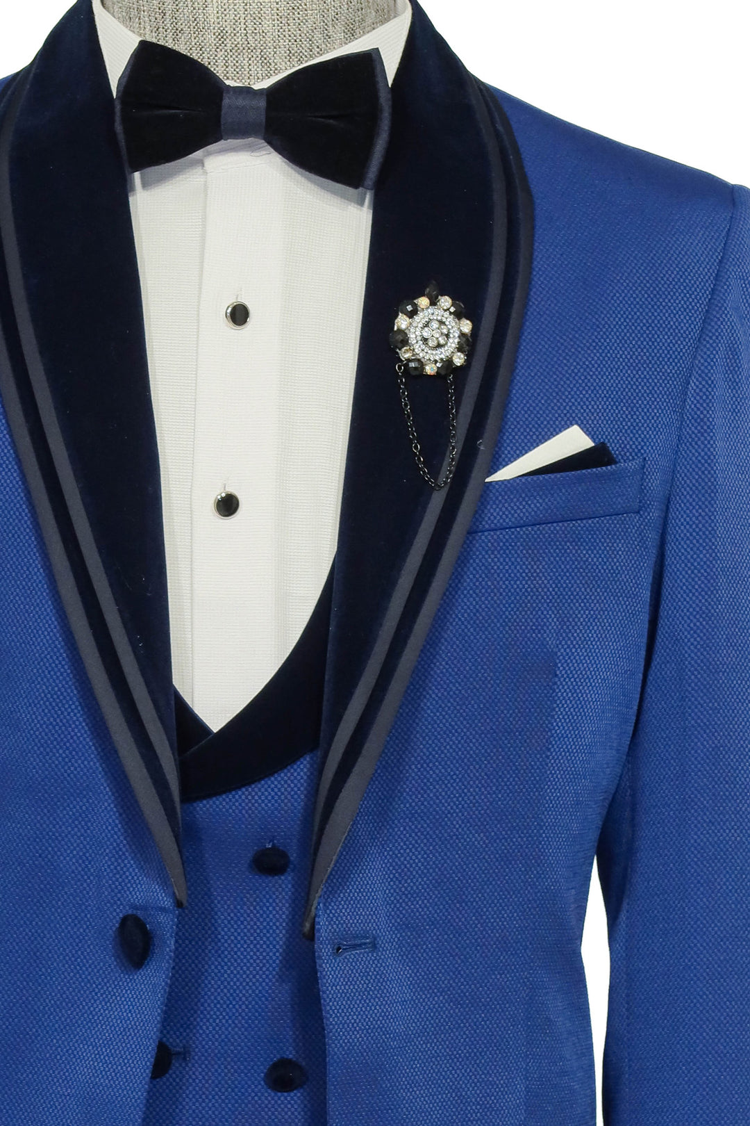 3 Piece Trim Detailed Self-Patterned Velvet Shawl Collar Royal Blue Men's Tuxedo - Wessi