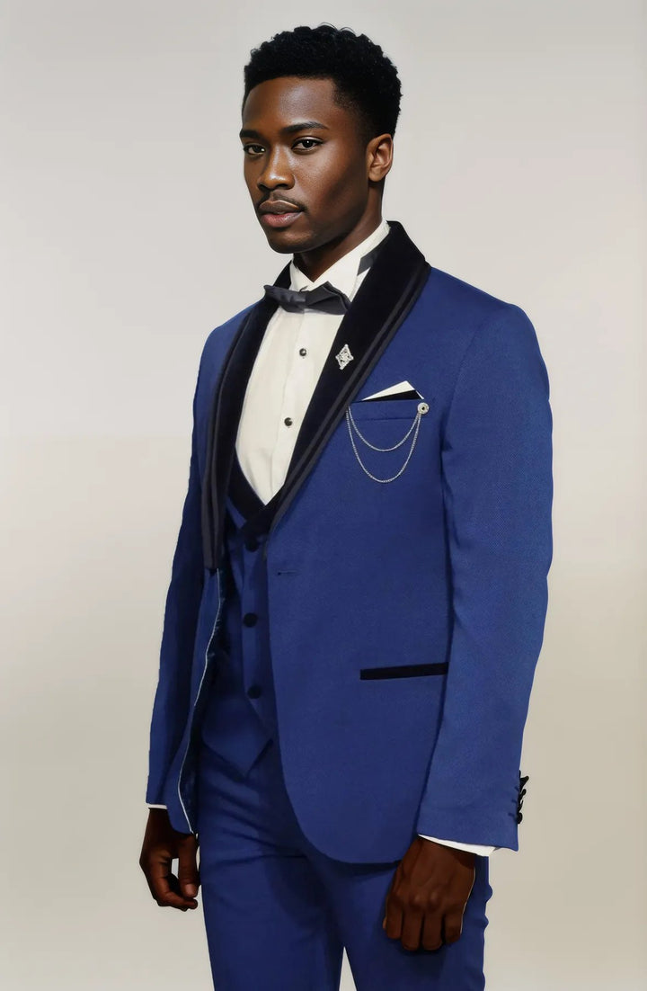 3 Piece Trim Detailed Self-Patterned Velvet Shawl Collar Royal Blue Men's Tuxedo - Wessi