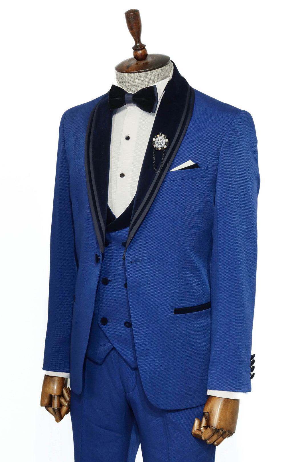 3 Piece Trim Detailed Self-Patterned Velvet Shawl Collar Royal Blue Men's Tuxedo - Wessi